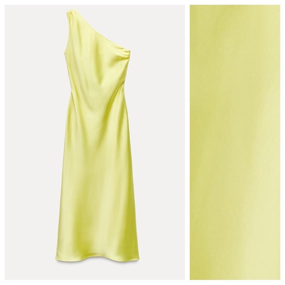 NWT. Zara Yellow Satin Effect Asymmetric Midi Dress. Size M. - Picture 1 of 13